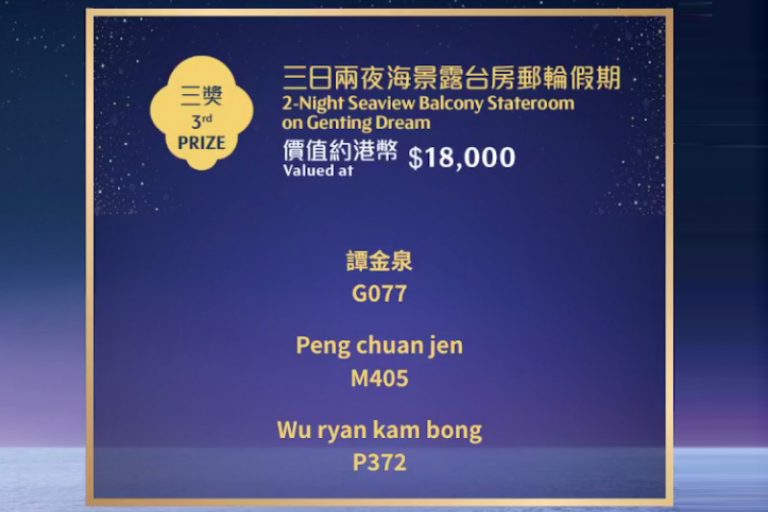 星夢郵輪抽獎結果3獎